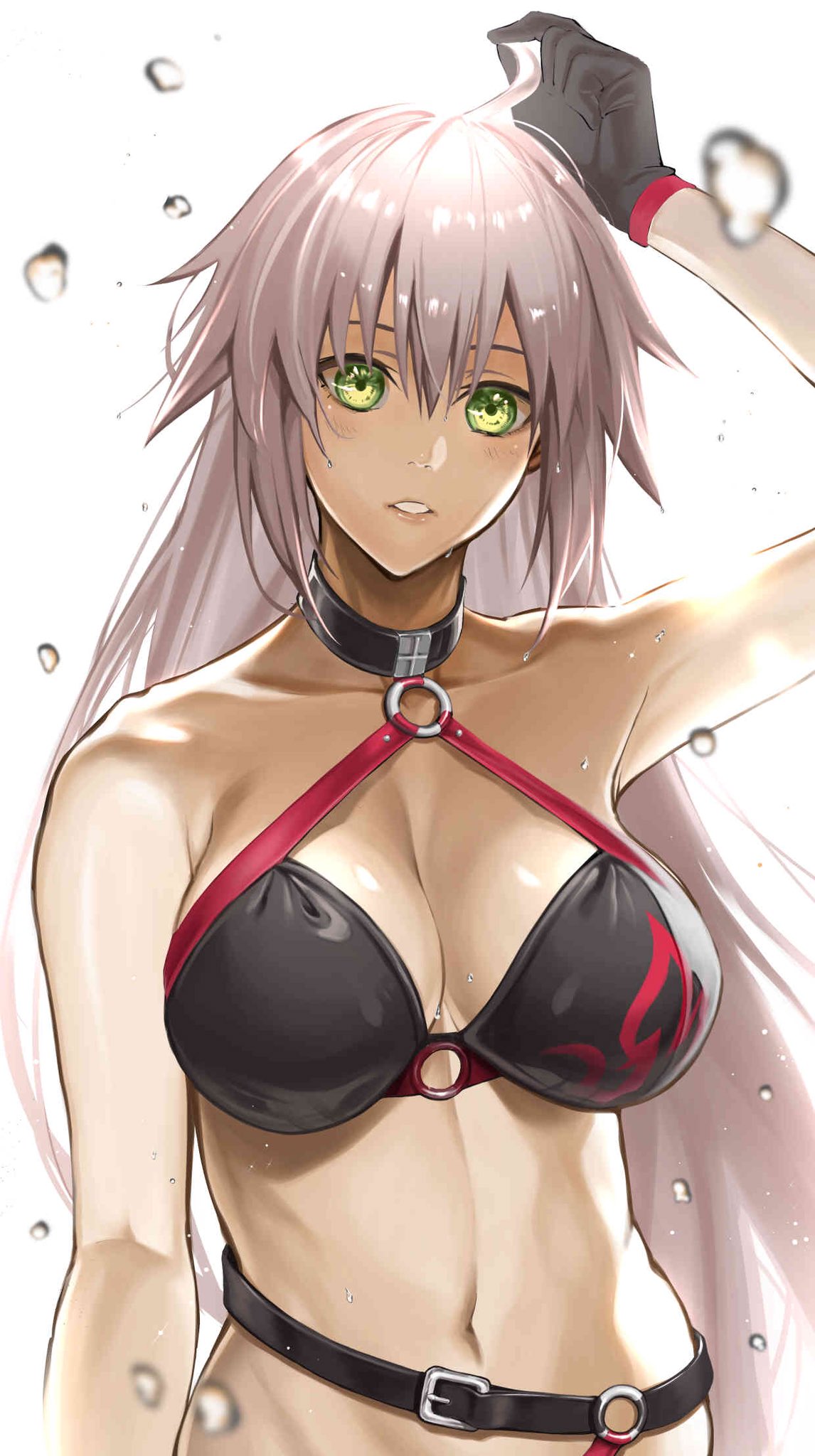 1girl ahoge arm_at_side bangs bare_shoulders bikini black_bikini black_choker black_gloves breasts choker cleavage collarbone commentary_request fate/grand_order fate_(series) fumifumi7837224 gloves hair_between_eyes hand_on_own_head highres jeanne_d'arc_(alter_swimsuit_berserker) jeanne_d'arc_(fate)_(all) large_breasts long_hair looking_at_viewer navel o-ring o-ring_bikini o-ring_top open_mouth parted_lips silver_hair simple_background solo swimsuit teeth upper_body waist white_background yellow_eyes