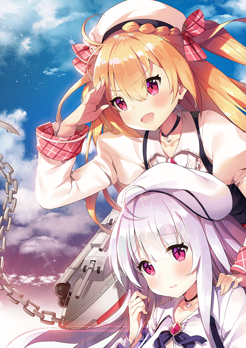 2girls 3: :d ahoge ayamy azur_lane beret blonde_hair blush chains clouds commentary_request crescent_(azur_lane) cygnet_(azur_lane) day hair_ribbon hat jewelry long_hair looking_afar multiple_girls necklace open_mouth plaid plaid_ribbon red_eyes remodel_(azur_lane) ribbon salute sky smile v-shaped_eyebrows violet_eyes