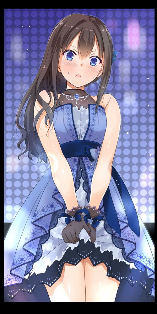 1girl :&lt; bare_shoulders blue_eyes blush brown_hair collarbone dress gloves holding_dress idolmaster idolmaster_cinderella_girls idolmaster_cinderella_girls_starlight_stage looking_at_viewer nakajima_yuka necktie shibuya_rin simple_background solo sweatdrop white_background