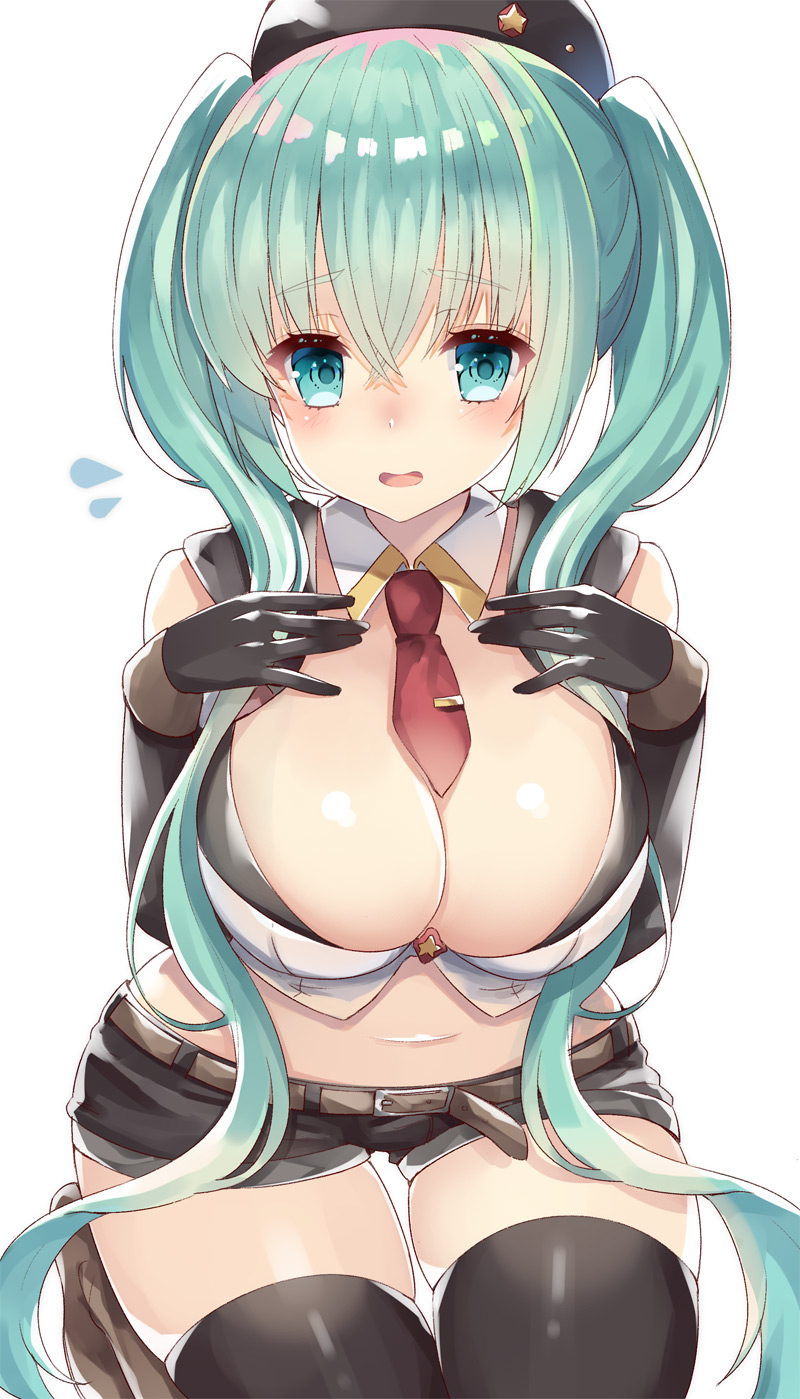 1girl bangs bare_shoulders belt_buckle beret black_gloves black_hat black_legwear black_shorts blush boots breasts brown_belt brown_footwear buckle cleavage commentary_request detached_collar elbow_gloves eyebrows_visible_through_hair flying_sweatdrops formal girls_frontline gloves green_eyes green_hair hair_between_eyes hat highres large_breasts long_hair micro_uzi_(girls_frontline) navel necktie parted_lips red_neckwear shirt short_necktie short_shorts shorts sidelocks simple_background sitting skindentation sleeveless sleeveless_shirt smile solo star suit thigh-highs tie_clip twintails very_long_hair white_background white_collar white_suit yuzu-aki