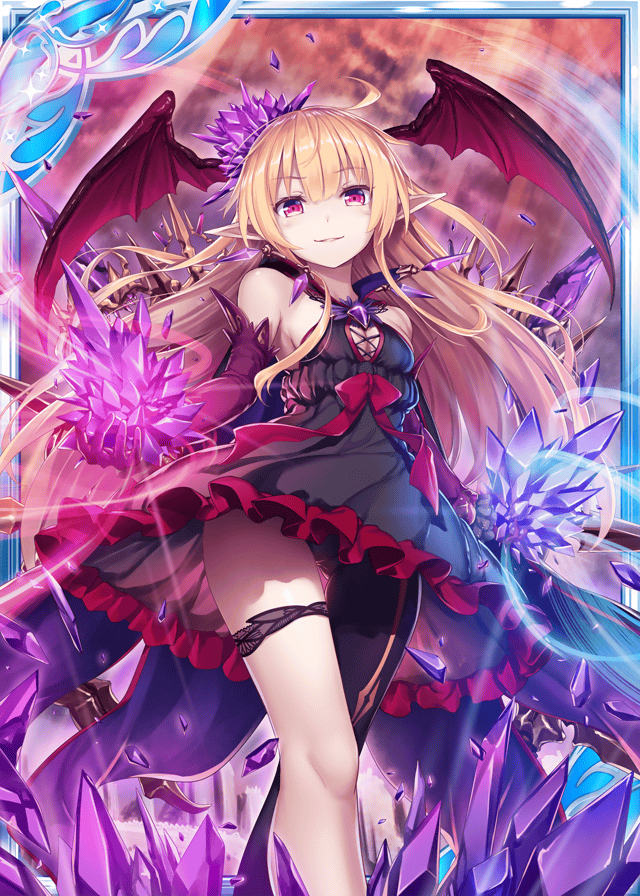 1girl akkijin bat_wings black_dress blonde_hair card_(medium) crystal demon_girl demon_wings dress elbow_gloves elf frilled_dress frills gloves glowing glowing_crystal hair_ornament jewelry looking_at_viewer official_art pointy_ears red_eyes red_gloves red_ribbon red_sky ribbon shinkai_no_valkyrie short_dress sky wings