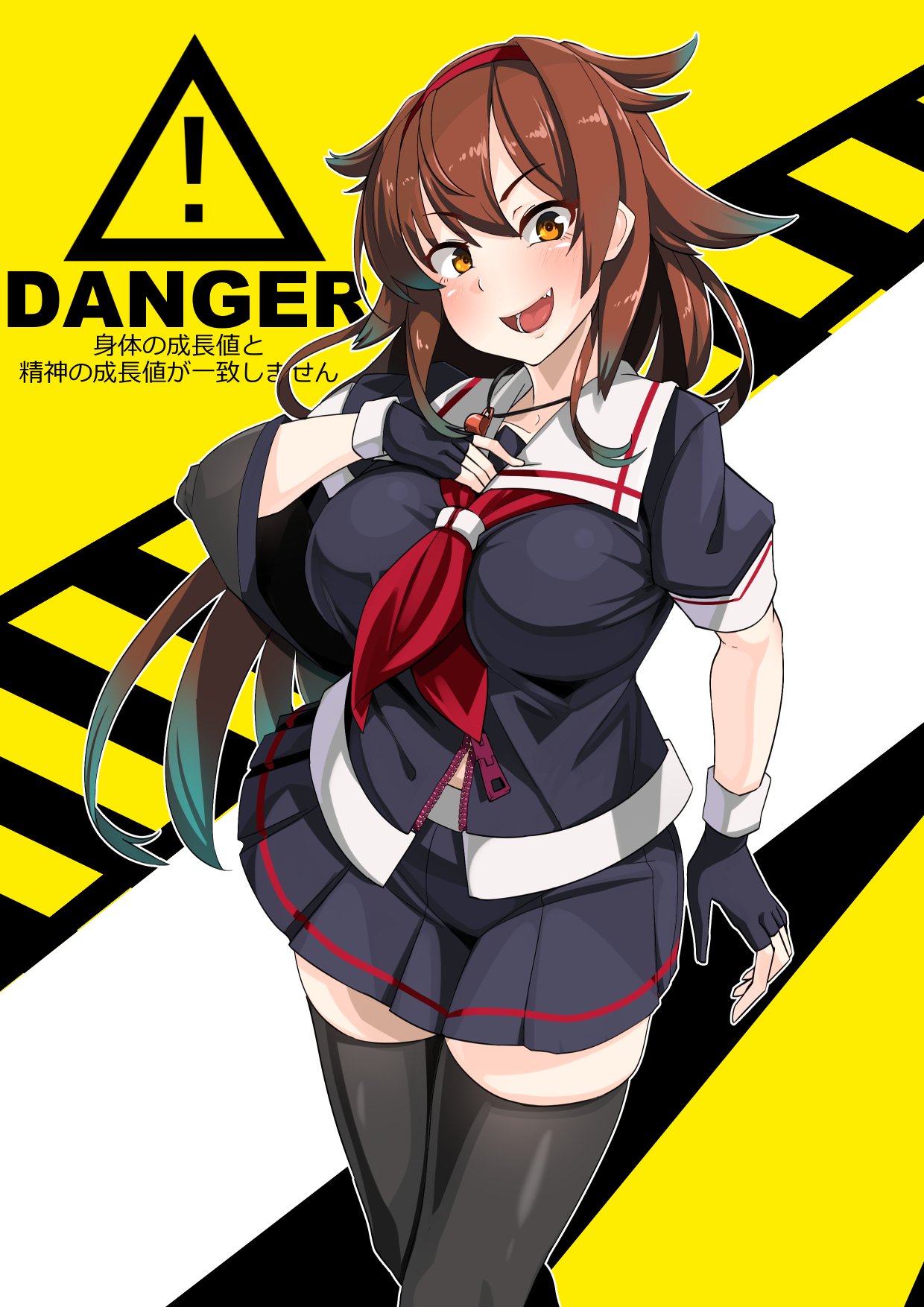 ! 1girl asymmetrical_clothes black_gloves black_legwear black_serafuku black_skirt breasts brown_eyes brown_hair commentary_request feet_out_of_frame fingerless_gloves gloves hair_flaps hairband highres kantai_collection large_breasts long_hair looking_at_viewer neckerchief open_mouth red_hairband red_neckwear remodel_(kantai_collection) ryuun_(stiil) school_uniform serafuku shiratsuyu_(kantai_collection) skirt solo thigh-highs translation_request whistle whistle_around_neck