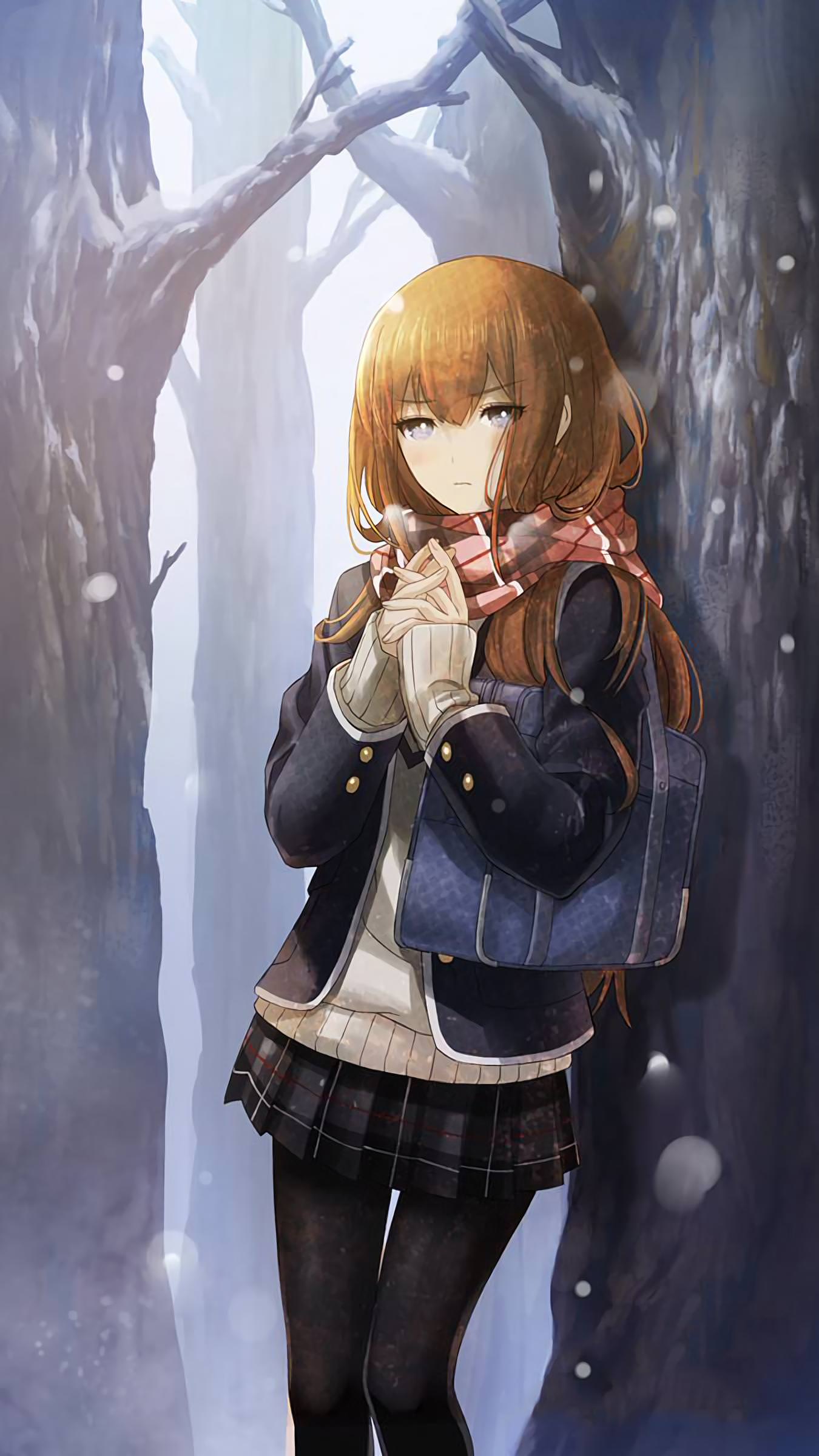 1girl absurdres alternate_costume bag bare_tree black_legwear blue_eyes blush bookbag brown_hair coat cowboy_shot hands_clasped highres huke long_hair long_sleeves looking_at_viewer makise_kurisu miniskirt official_art own_hands_together pantyhose pleated_skirt ribbed_sweater scarf skirt snow solo standing steins;gate straight_hair sweater tree