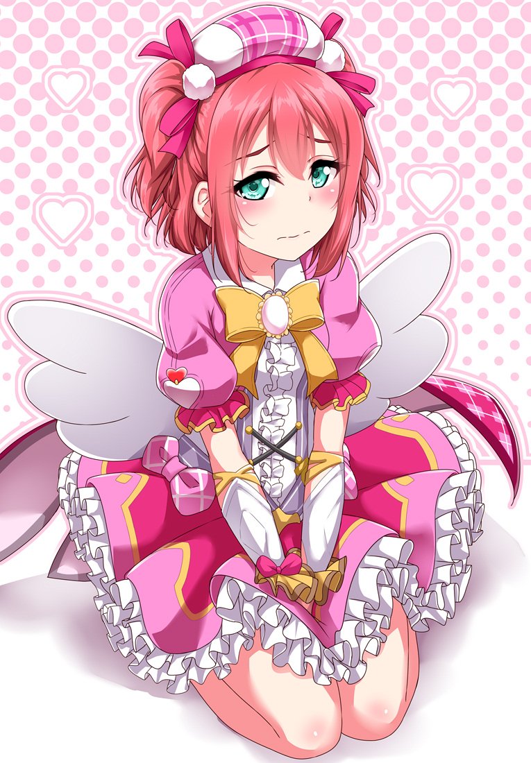 1girl angel_wings aqua_eyes bangs beret between_legs blush bow bowtie brooch center_frills commentary_request dress embarrassed frilled_dress frilled_skirt frills gloves granblue_fantasy hair_ribbon halftone halftone_background hand_between_legs hat heart jewelry kurosawa_ruby looking_at_viewer love_live! love_live!_sunshine!! outline pink_bow pink_ribbon pink_skirt ribbon seiza short_hair sitting skirt solo two_side_up waist_cape wings yellow_neckwear yopparai_oni