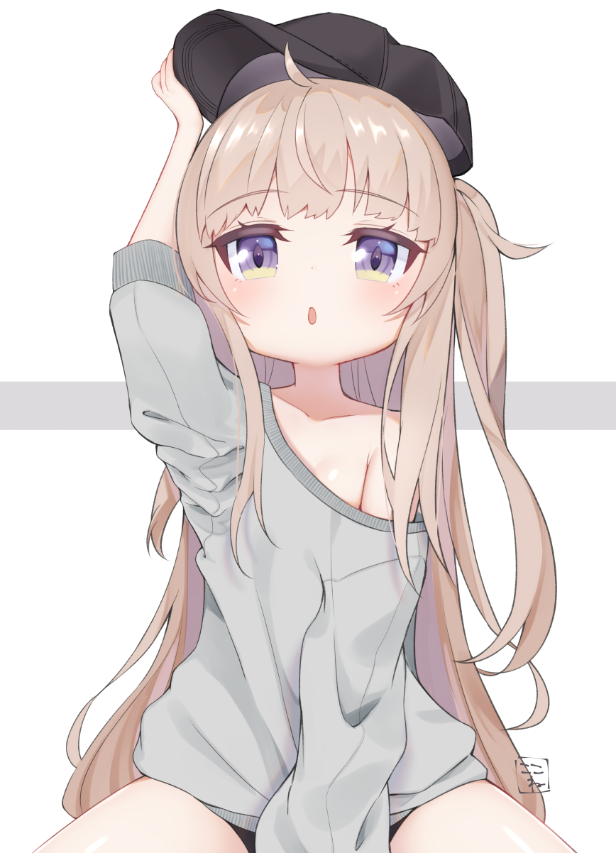 1girl ahoge arm_up bangs bare_shoulders baseball_cap black_hat blush collarbone commentary_request eyebrows_visible_through_hair grey_background grey_shirt hat highres koko_ne_(user_fpm6842) light_brown_hair long_hair long_sleeves off_shoulder one_side_up original parted_lips shirt signature sitting solo two-tone_background very_long_hair violet_eyes white_background