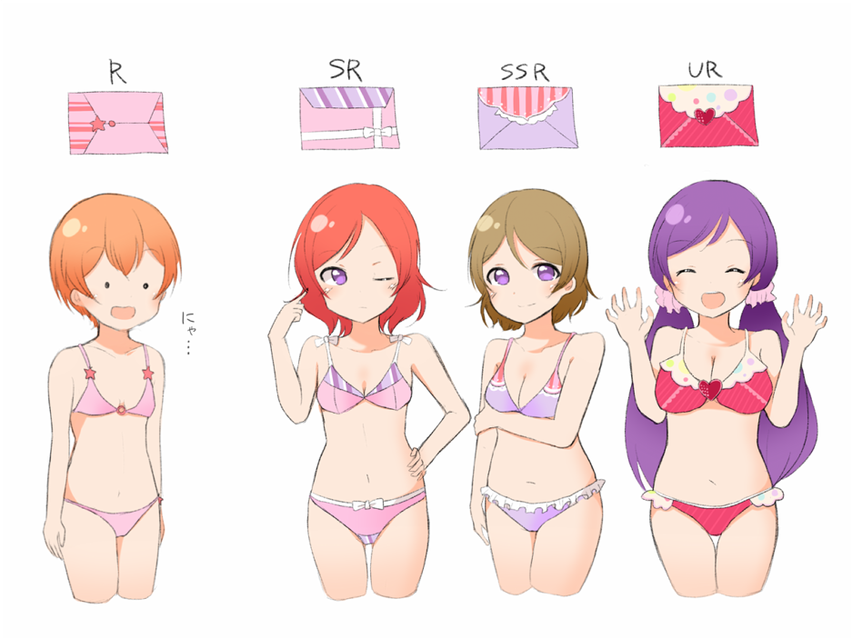 ._. 4girls :d ^_^ arms_at_sides blush bra breast_hold breasts brown_hair bust_chart claw_pose cleavage closed_eyes closed_eyes commentary_request cropped_legs envelope hand_on_hip hand_up heart hoshizora_rin koizumi_hanayo long_hair looking_at_viewer love_live! love_live!_school_idol_project medium_breasts multiple_girls navel nishikino_maki one_eye_closed open_mouth orange_hair panties pimi_(ringsea21) pink_bra pink_panties purple_bra purple_hair purple_panties redhead short_hair simple_background small_breasts smile tearing_up thigh_gap toujou_nozomi underwear underwear_only violet_eyes white_background