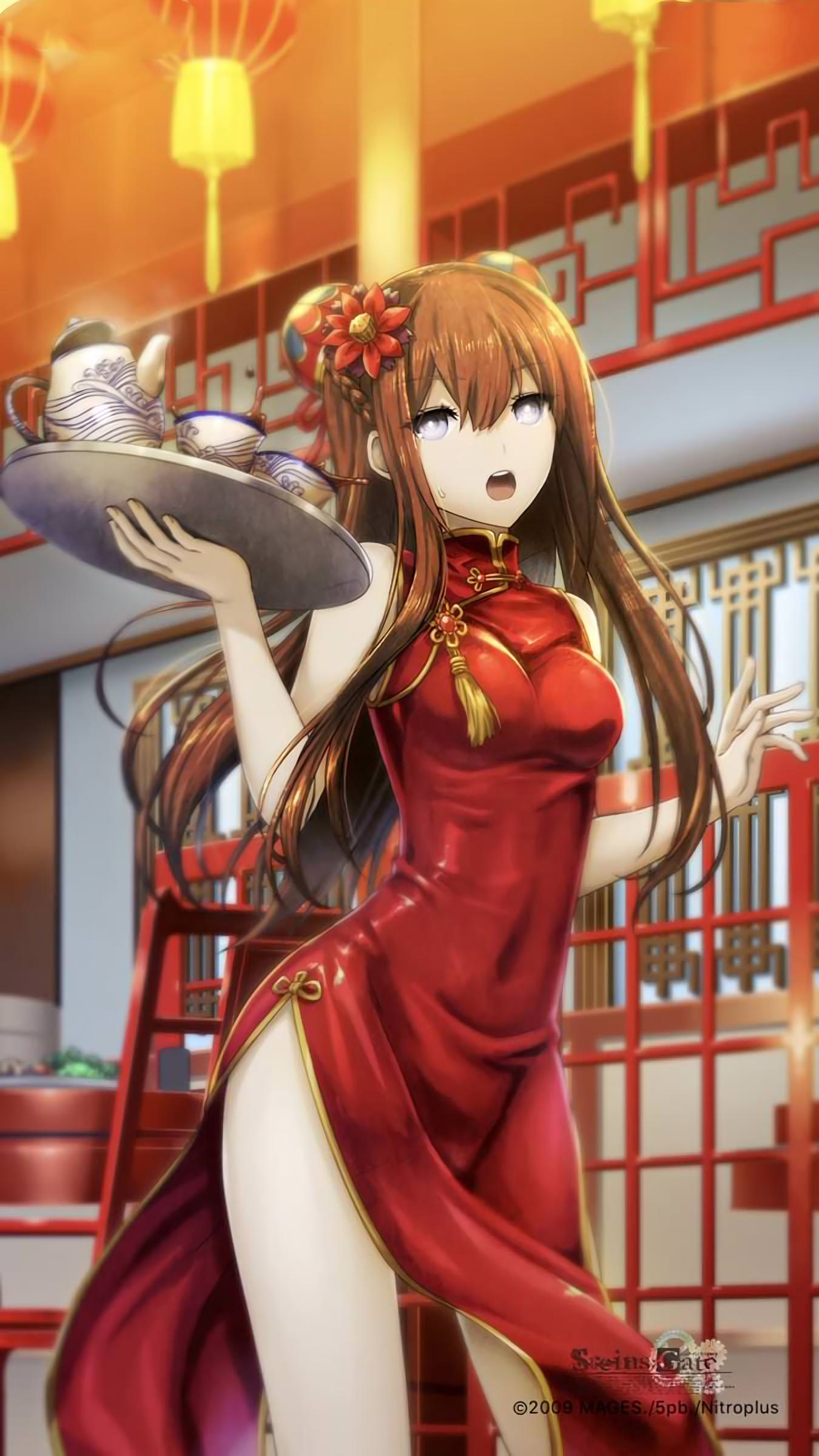 1girl absurdres alternate_costume architecture braid breasts brown_hair china_dress chinese_clothes copyright_name covered_navel cowboy_shot cup double_bun dress east_asian_architecture flower grey_eyes hair_flower hair_ornament highres huke lantern long_hair looking_at_viewer makise_kurisu medium_breasts official_art open_mouth restaurant side_slit solo standing steins;gate sweatdrop teacup teapot tray watermark