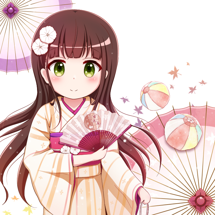 1girl bad_id ball bangs beige_kimono blush brown_hair closed_mouth commentary_request eyebrows_visible_through_hair fan flower folding_fan gochuumon_wa_usagi_desu_ka? goth_risuto green_eyes hair_flower hair_ornament holding holding_fan japanese_clothes kimono long_hair long_sleeves obi sash smile solo temari_ball ujimatsu_chiya very_long_hair white_background white_flower wide_sleeves