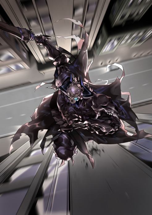 1boy armor black_cloak blurry blurry_background building cloak depth_of_field eiri_(eirri) fate/grand_order fate_(series) glowing glowing_eyes holding holding_sword holding_weapon horns jumping king_hassan_(fate/grand_order) looking_at_viewer male_focus road skull skyscraper solo spikes sword weapon
