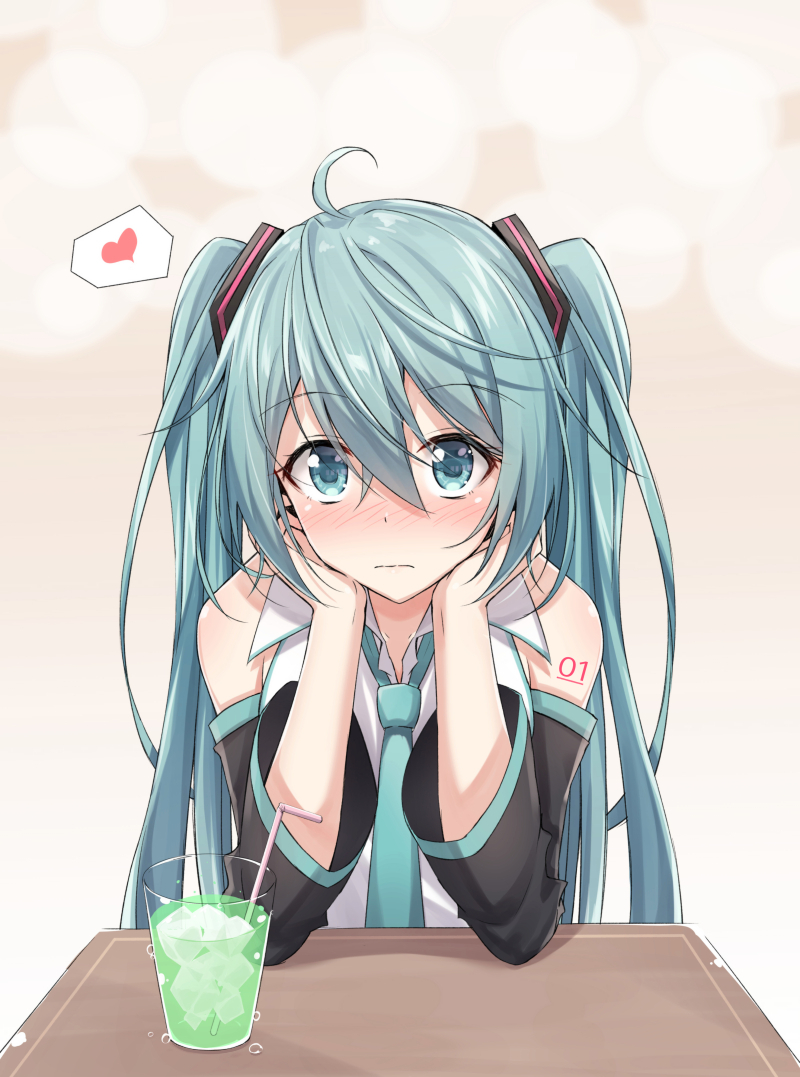 1girl ahoge akira_(been0328) arm_support bangs bare_shoulders bendy_straw blush closed_mouth collared_shirt commentary cup detached_sleeves drink drinking_glass drinking_straw eyebrows_visible_through_hair green_eyes green_hair green_neckwear hair_between_eyes hair_ornament hatsune_miku heart ice ice_cube long_hair long_sleeves necktie nose_blush shirt sleeveless sleeveless_shirt solo spoken_heart table twintails very_long_hair vocaloid wavy_mouth white_shirt wide_sleeves