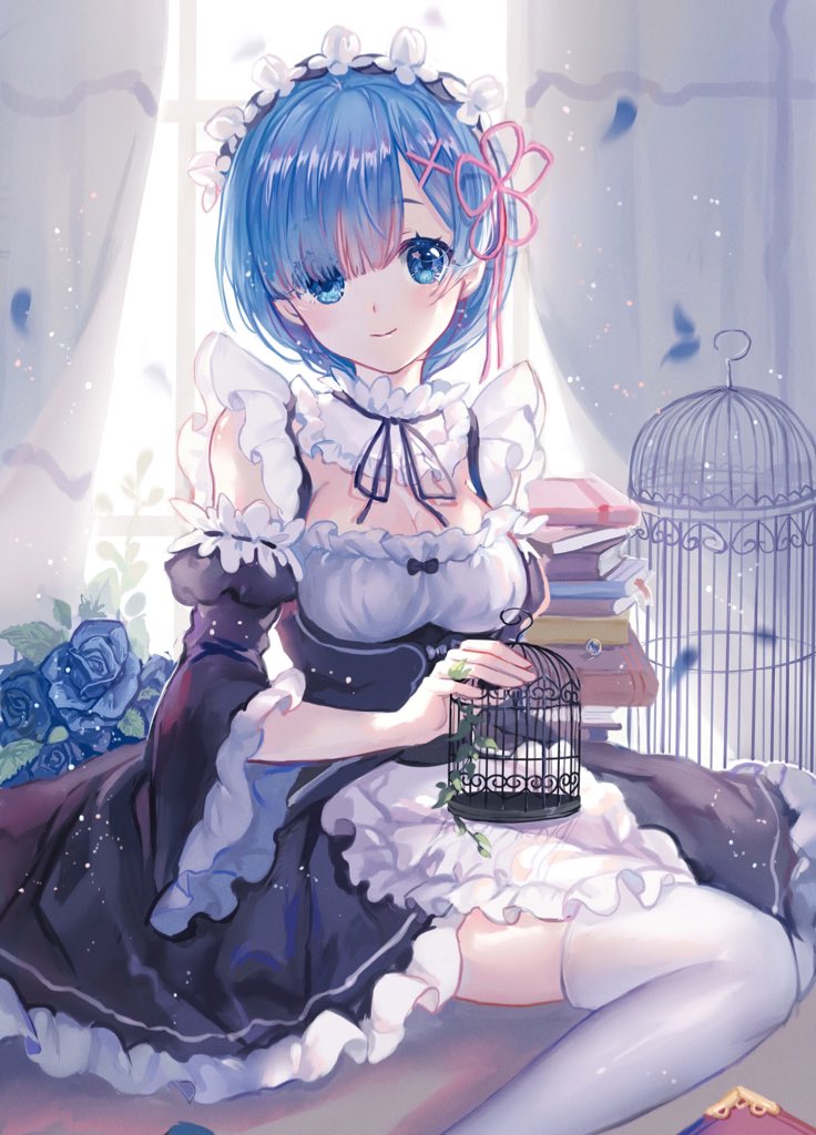 1girl apron bangs birdcage black_ribbon black_skirt blue_eyes blue_flower blue_hair blush book_stack breasts cage choker closed_mouth curtains detached_sleeves dress eyebrows_visible_through_hair feet_out_of_frame flower frilled_apron frilled_choker frilled_sleeves frills hair_flower hair_ornament hair_ribbon head_wreath indoors juliet_sleeves long_sleeves looking_at_viewer maccha_(mochancc) maid medium_breasts neck_ribbon pink_ribbon puffy_sleeves re:zero_kara_hajimeru_isekai_seikatsu rem_(re:zero) ribbon ribbon-trimmed_clothes ribbon-trimmed_sleeves ribbon_trim short_hair sitting skirt smile thigh-highs white_apron white_legwear wide_sleeves window x_hair_ornament