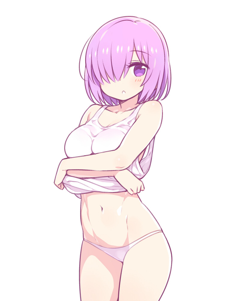 1girl abs breasts chan_co cowboy_shot fate/grand_order fate_(series) hair_over_one_eye large_breasts looking_at_viewer mash_kyrielight navel no_pants panties parted_lips pink_hair short_hair simple_background solo tank_top underwear undressing violet_eyes white_background white_panties
