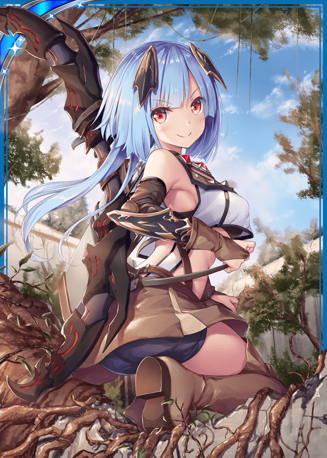 &gt;:) 1girl akkijin armpits ass bare_shoulders bike_shorts blue_hair blue_sky boots bow breasts card_(medium) cleavage hair_ornament large_breasts official_art outdoors red_eyes seiza shinkai_no_valkyrie short_hair shorts sitting sky soles tree underwear weapon