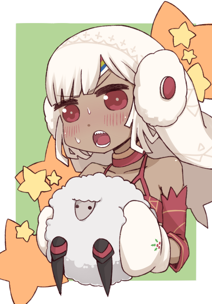 1girl altera_(fate) altera_the_santa animal bangs bare_shoulders blush choker collarbone comic_lo commentary_request dark_skin detached_sleeves earmuffs eyebrows_visible_through_hair fate/grand_order fate_(series) gloves headdress holding holding_animal i.u.y open_mouth red_eyes sheep short_hair star sweatdrop teeth upper_body veil white_gloves white_hair