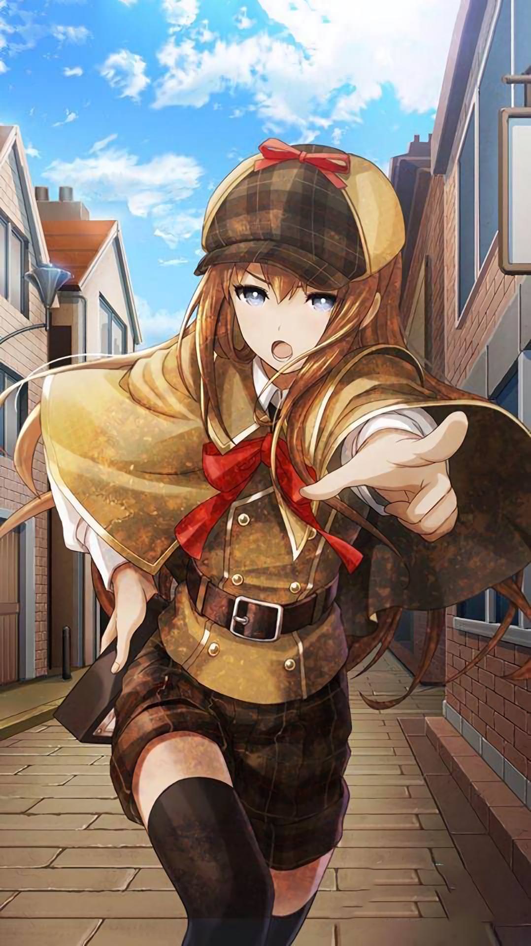 1girl alternate_costume belt black_legwear blue_eyes brown_hair capelet clouds cloudy_sky collared_shirt cosplay cowboy_shot hand_on_hip hat highres house huke long_hair makise_kurisu neck_ribbon official_art open_mouth plaid plaid_shorts pointing pointing_at_viewer ribbon sherlock_holmes sherlock_holmes_(cosplay) shirt short_shorts shorts sky solo steins;gate thigh-highs vest