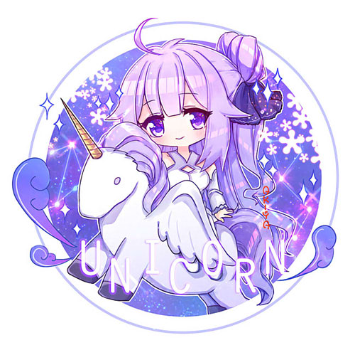 1girl ahoge akiya_doubao alicorn animal azur_lane bangs black_ribbon blush character_name chibi closed_mouth commentary detached_sleeves dress eyebrows_visible_through_hair hair_bun hair_ribbon head_tilt long_hair long_sleeves looking_at_viewer lowres one_side_up purple_hair ribbon side_bun sleeveless sleeveless_dress smile solo sparkle symbol_commentary unicorn_(azur_lane) very_long_hair violet_eyes white_dress