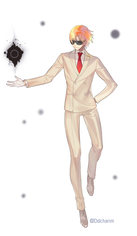 1boy closed_mouth dd_(vktr4837) double-breasted energy_ball fate_(series) floating formal gloves koha-ace male_focus maxwell's_demon_(fate) necktie orange_hair red_neckwear simple_background smile solo suit sunglasses twitter_username white_background white_gloves