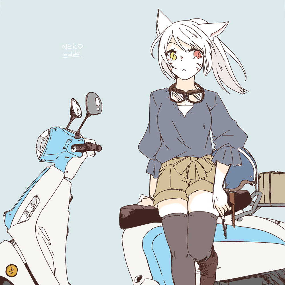 1girl :&lt; animal_ears artist_name bangs black_legwear blue_background cat_ears closed_mouth contemporary facial_mark final_fantasy final_fantasy_xiv flat_color goggles goggles_around_neck ground_vehicle headwear_removed helmet helmet_removed heterochromia lili_mdoki long_hair looking_to_the_side miqo'te motor_vehicle ponytail scooter shorts signature sitting solo thigh-highs white_hair