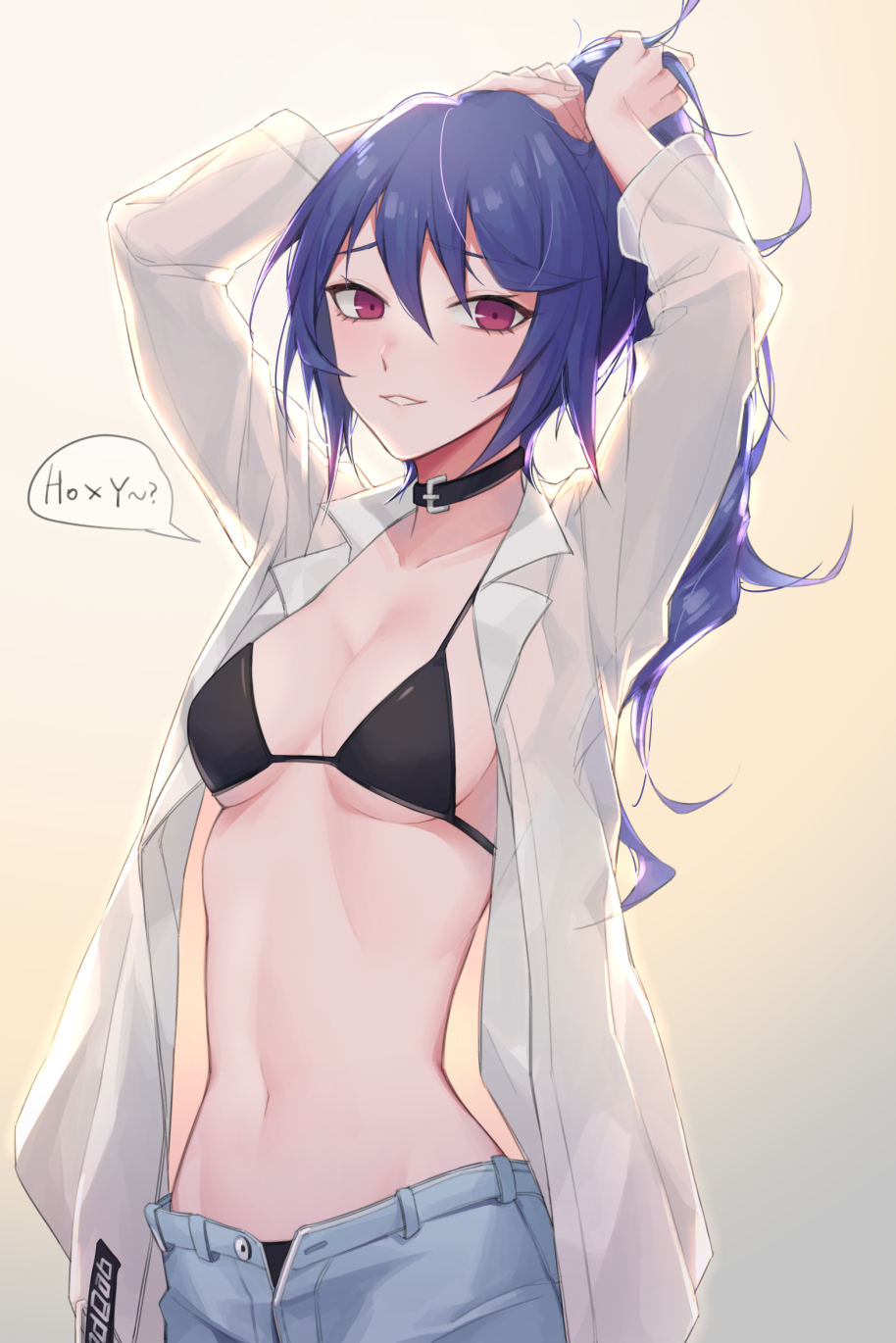 1girl bikini_top black_bikini_top blue_hair breasts choker collar collarbone girls_frontline hair_between_eyes highres k11_(girls_frontline) qb_516 shirt simple_background smile speech_bubble stomach tying_hair unbuttoned unbuttoned_pants unbuttoned_shirt violet_eyes white_background white_shirt