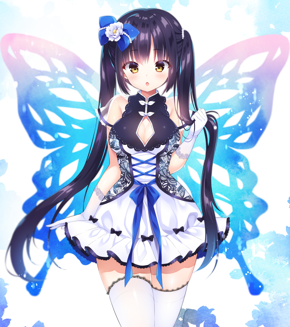 1girl :o animal_print arm_at_side bangs black_bow black_hair blue_bow blue_ribbon blue_wings blush bow breasts butterfly_print butterfly_wings cleavage cleavage_cutout commentary_request cowboy_shot cross-laced_clothes dress elbow_gloves eyebrows_visible_through_hair flower gloves hair_bow hair_flower hair_ornament holding holding_hair lace lace-trimmed_thighhighs large_breasts long_hair looking_at_viewer open_mouth original pearl print_dress ribbon see-through short_sleeves solo thigh-highs tougetsu_hajime twintails very_long_hair white_dress white_flower white_gloves white_legwear wings yellow_eyes zettai_ryouiki