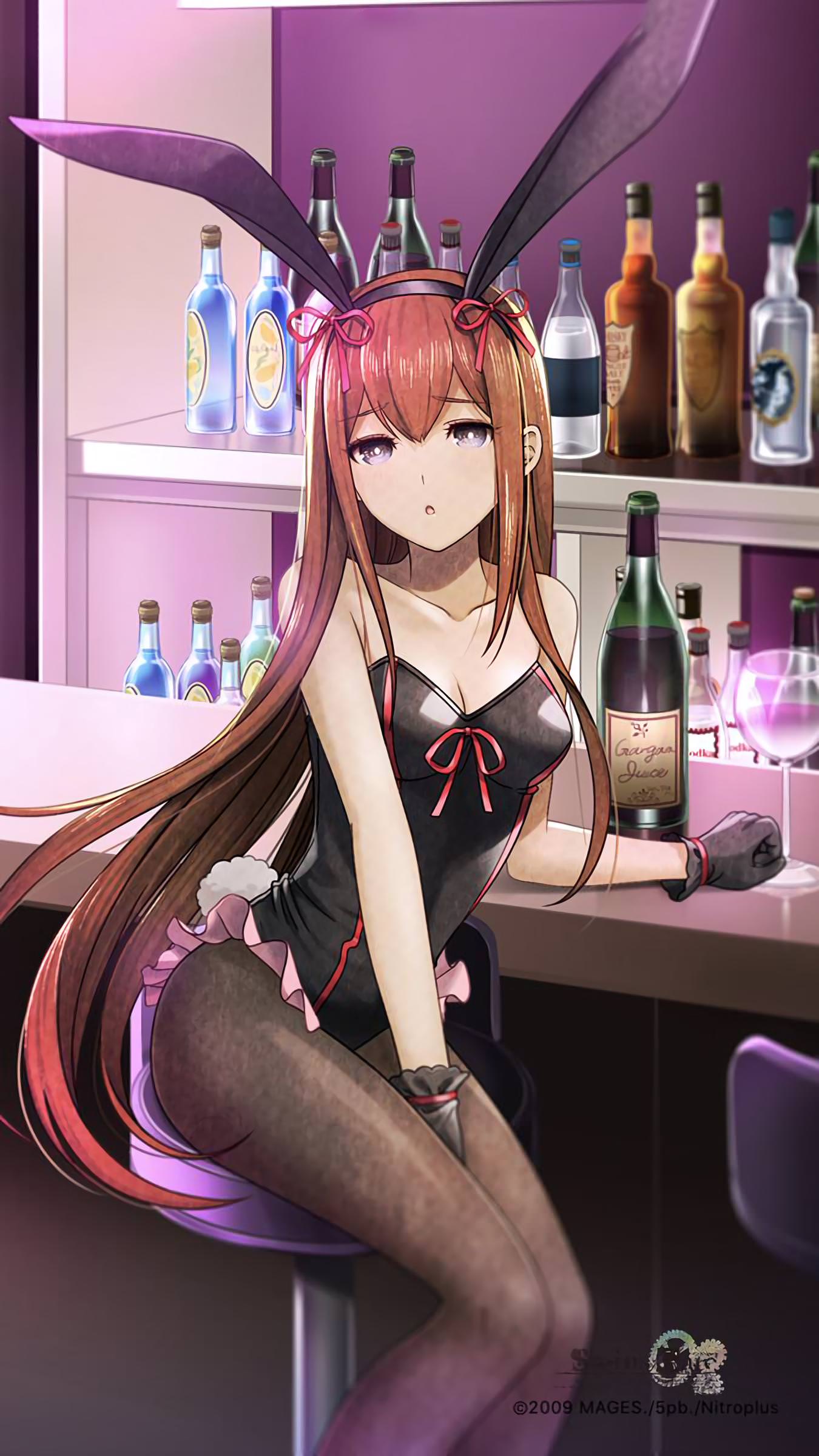 1girl absurdres alternate_costume animal_ears bar_stool bare_shoulders between_legs black_gloves black_legwear bottle breasts brown_hair bunny_tail bunnysuit cleavage collarbone copyright_name counter cup drinking_glass gloves grey_eyes hand_between_legs highres huke long_hair looking_at_viewer makise_kurisu medium_breasts official_art open_mouth pantyhose rabbit_ears shelf sitting solo steins;gate stool straight_hair tail watermark wine_bottle wine_glass