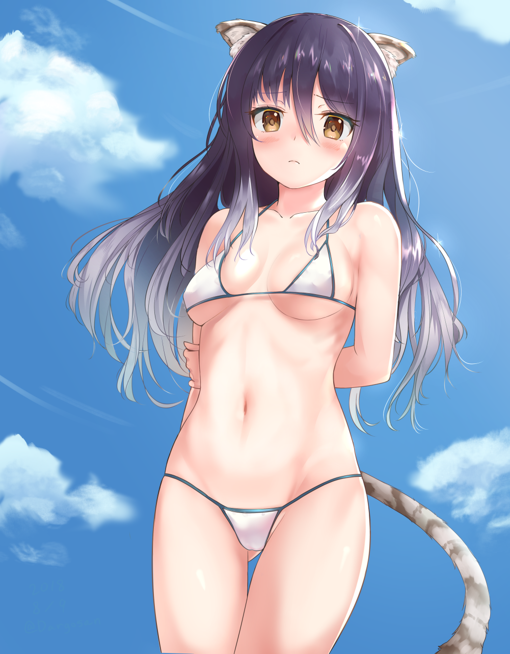 1girl animal_ear_fluff animal_ears arms_behind_back bangs bare_arms bare_shoulders bikini black_hair blue_sky blush breasts breasts_apart brown_eyes cat_ears cat_tail closed_mouth clouds collarbone commentary_request cowboy_shot dargo day erect_nipples frown gluteal_fold gradient_hair grey_hair groin hair_between_eyes hand_on_own_arm highres kashiwazaki_shiori looking_at_viewer medium_breasts multicolored_hair navel outdoors princess_connect!_re:dive sky solo sparkle stomach string_bikini swimsuit tail thigh_gap under_boob white_bikini