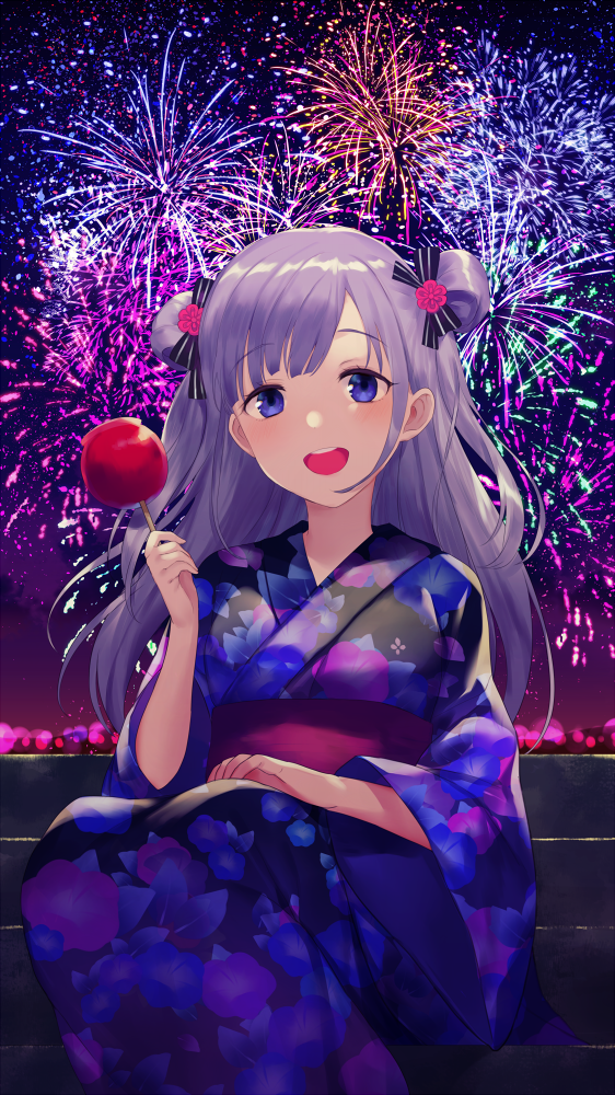 :d aerial_fireworks blue_eyes candy_apple coconome double_bun fireworks floral_print food japanese_clothes kimono leti_(teria_saga) long_hair looking_at_viewer night night_sky open_mouth silver_hair sitting sky smile stairs teria_saga