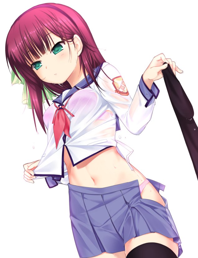 1girl angel_beats! black_legwear bow bra breasts cowboy_shot green_eyes hair_bow hairband legwear_removed medium_breasts navel otou_(otou_san) panties pink_bra pink_panties purple_hair see-through shinda_sekai_sensen_uniform simple_background solo unbuttoned underwear undressing wet wet_clothes white_background yuri_(angel_beats!)