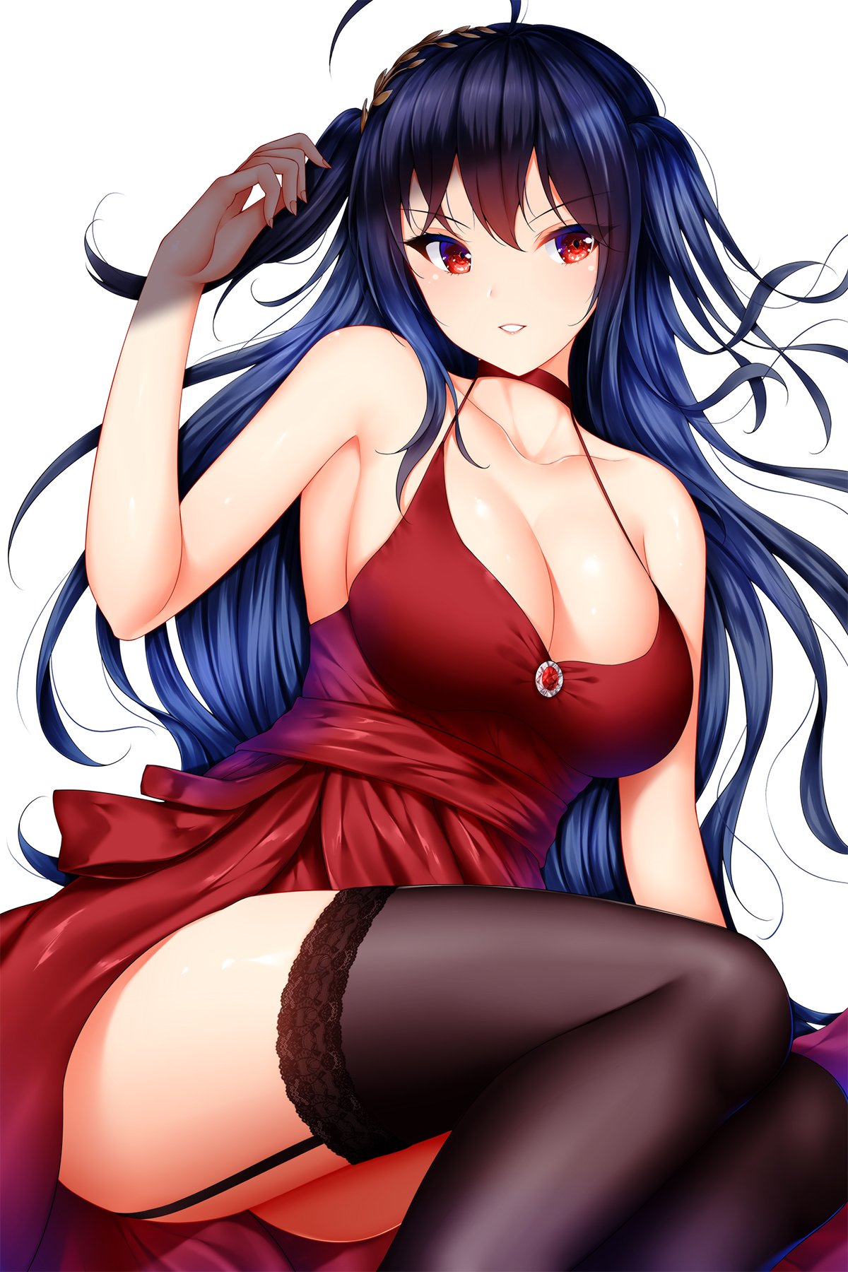 1girl ahoge alternate_costume arm_support armpits ass azur_lane bangs bare_shoulders black_hair black_legwear blush breasts choker cleavage collarbone dress eyebrows_visible_through_hair feet_out_of_frame floating_hair garter_straps hair_between_eyes hair_ornament hand_up highres lace-trimmed_legwear large_breasts legs_together long_hair looking_at_viewer parted_lips red_dress red_eyes ruby_(stone) sidelocks simple_background sitting smile solo taihou_(azur_lane) thigh-highs thighs very_long_hair white_background wsman