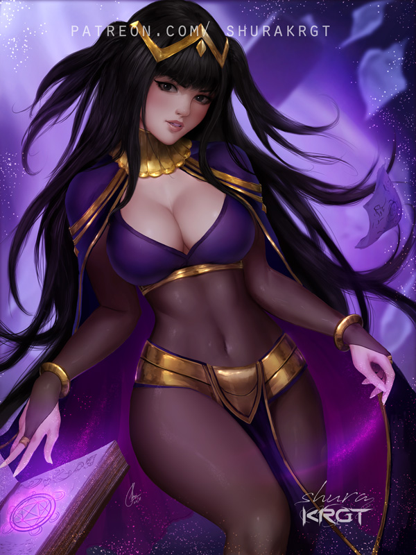 1girl artist_name bangle bangs black_hair blunt_bangs blush bodystocking bodysuit book bracelet breasts bridal_gauntlets cape circlet cleavage commentary covered_navel english_commentary fire_emblem fire_emblem:_kakusei fire_emblem_heroes jewelry large_breasts looking_at_viewer magic nintendo parted_lips shurakrgt skin_tight tharja tiara two_side_up