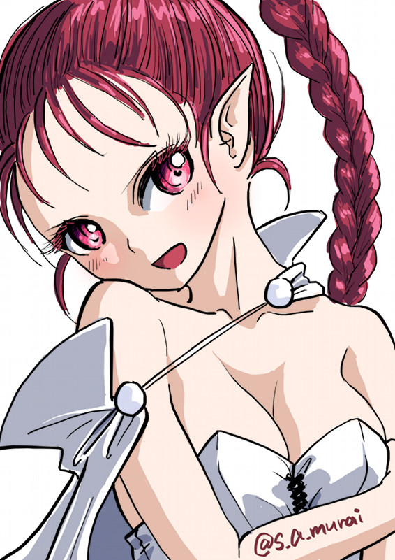 1girl blush braid breasts cape chrono_trigger cleavage collarbone commentary_request flea_(chrono_trigger) high_ponytail long_hair looking_at_viewer medium_breasts open_mouth pink_hair pointy_ears ponytail portrait s-a-murai simple_background single_braid solo upper_body violet_eyes white_background