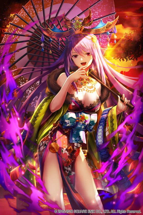 1girl :d bangs blue_bow bow breasts cleavage clouds cloudy_sky copyright_request eyebrows_visible_through_hair feather_boa floral_print hair_between_eyes headpiece holding holding_umbrella japanese_clothes kimono large_breasts long_hair lunacle official_art open_mouth oriental_umbrella outdoors pelvic_curtain pink_hair print_kimono red_eyes red_kimono red_sky red_umbrella river sky smile solo standing strapless sunset umbrella very_long_hair water watermark