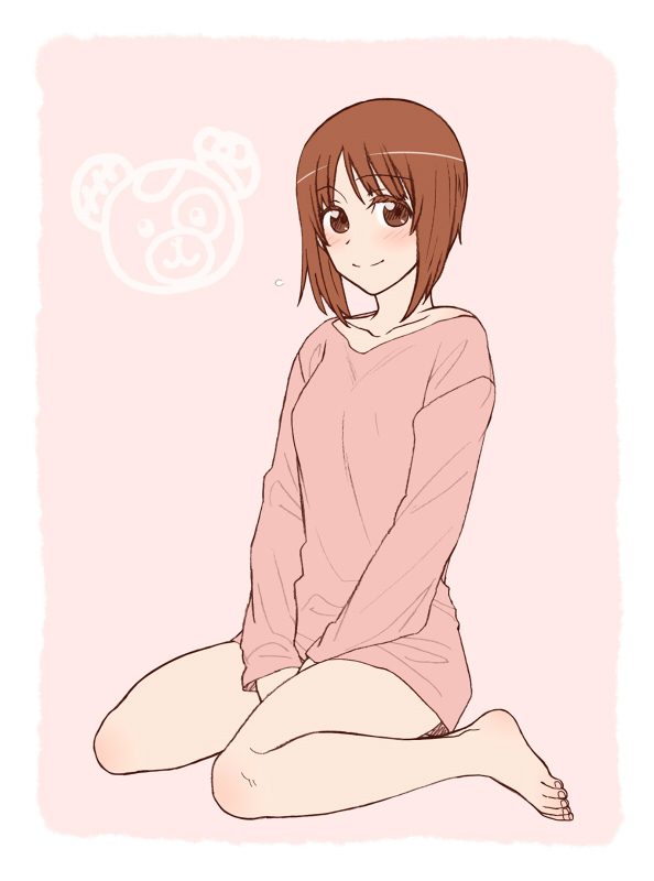 1girl animal_print bangs barefoot bear_print boko_(girls_und_panzer) brown_eyes brown_hair closed_mouth commentary eyebrows_visible_through_hair flying_sweatdrops full_body girls_und_panzer long_sleeves looking_at_viewer nishizumi_miho no_pants pink_background pink_shirt shirt short_hair sitting smile solo torinone wariza