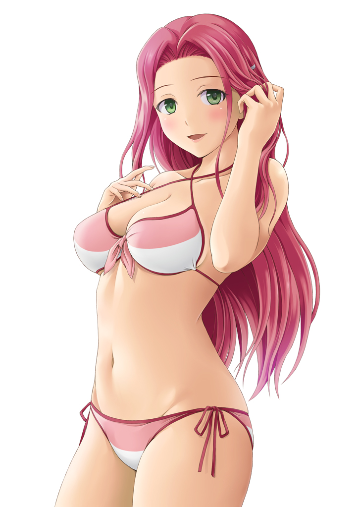 1girl :d bikini blush breasts cleavage collarbone cowboy_shot green_eyes groin hair_ornament hairclip hand_in_hair ibushigin large_breasts long_hair looking_at_viewer navel open_mouth pink_hair rune_factory side-tie_bikini sideboob simple_background smile solo standing swimsuit very_long_hair white_background