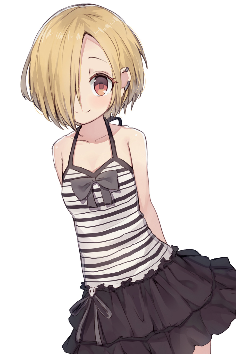 1girl arms_behind_back bare_shoulders black_skirt blonde_hair brown_eyes ear_piercing hair_over_one_eye highres idolmaster idolmaster_cinderella_girls looking_at_viewer piercing shirasaka_koume shirt shone short_hair simple_background skirt smile solo striped striped_shirt white_background