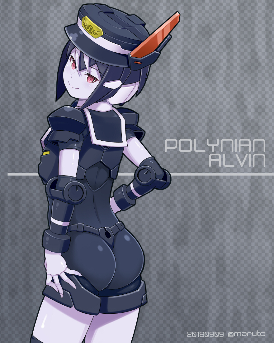 1girl alvin_(polynian) ass character_request closed_mouth commentary_request copyright_name cowboy_shot dated from_behind hat looking_at_viewer looking_back maruto! pink_skin red_eyes robot robot_neoanthropinae_polynian short_hair smile solo standing twitter_username