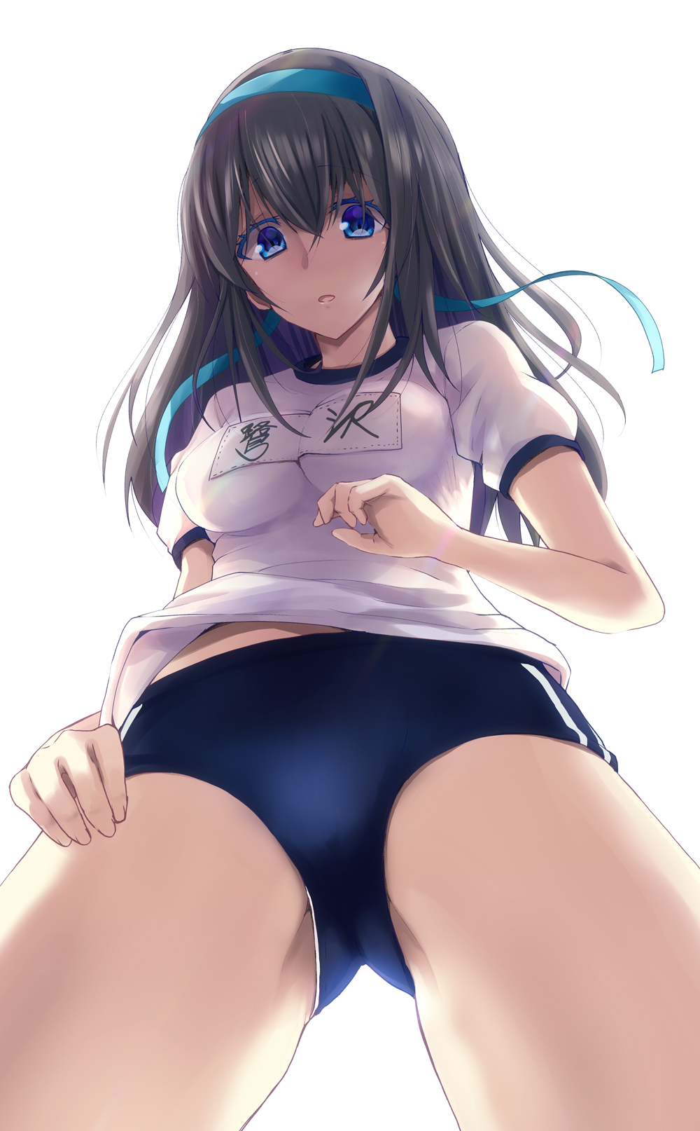 1girl bangs black_hair blue_buruma blue_eyes blush breasts buruma gluteal_fold gym_shirt hair_between_eyes hairband highres idolmaster idolmaster_cinderella_girls long_hair looking_at_viewer medium_breasts name_tag open_mouth rikudou_inuhiko sagisawa_fumika shirt short_sleeves simple_background solo thighs white_background white_shirt