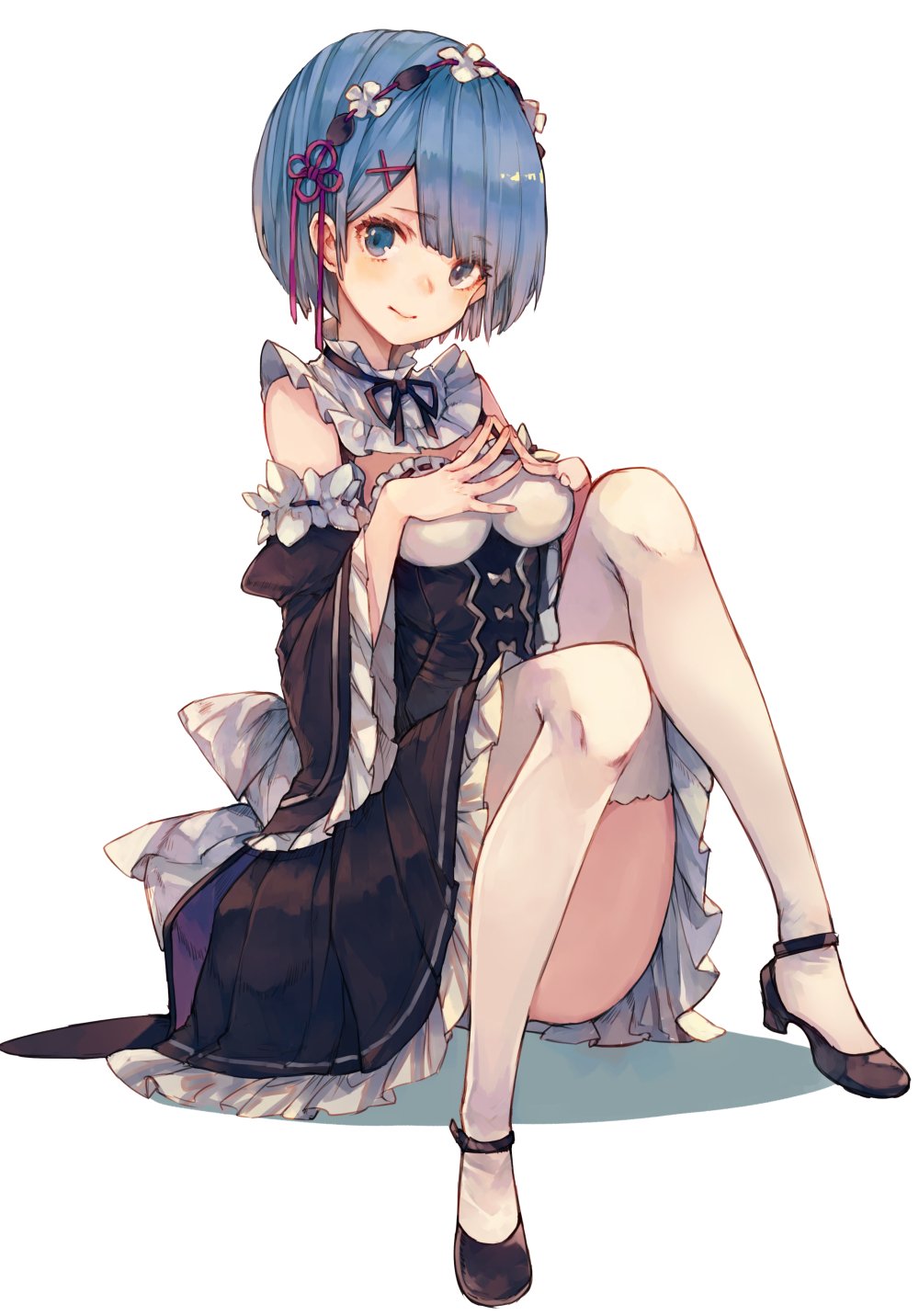 1girl bangs black_footwear black_ribbon blue_eyes blue_hair breasts chobi_(sakuyasakuhana) commentary_request convenient_leg detached_collar detached_sleeves dress eyebrows_visible_through_hair fingers_together frilled_dress frilled_sleeves frills full_body hair_ornament hairband head_tilt highres knees_up looking_at_viewer maid medium_breasts neck_ribbon re:zero_kara_hajimeru_isekai_seikatsu rem_(re:zero) ribbon ribbon-trimmed_sleeves ribbon_trim shoes short_hair simple_background sitting smile solo thigh-highs white_background white_legwear x_hair_ornament