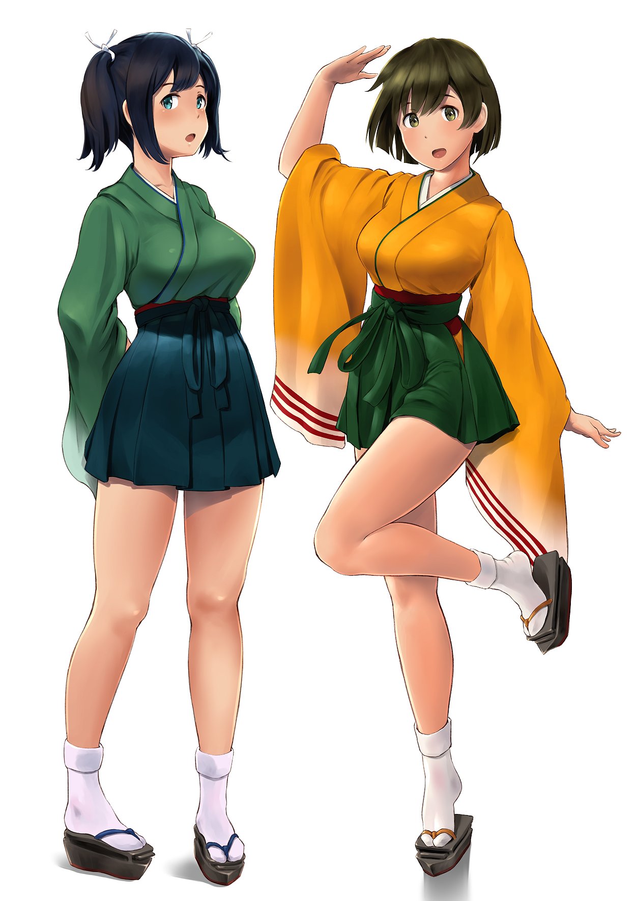 2girls arm_up arms_behind_back black_hair blush breasts brown_eyes brown_hair eyebrows_visible_through_hair full_body geta green_eyes green_skirt hair_ribbon hakama_skirt headband highres hiryuu_(kantai_collection) japanese_clothes kantai_collection kimono large_breasts long_hair looking_at_viewer multiple_girls open_mouth pleated_skirt ribbon sandals short_hair simple_background skirt smile socks solo souryuu_(kantai_collection) standing standing_on_one_leg tabi twintails wa_(genryusui) white_background white_legwear white_ribbon wide_sleeves yellow_kimono