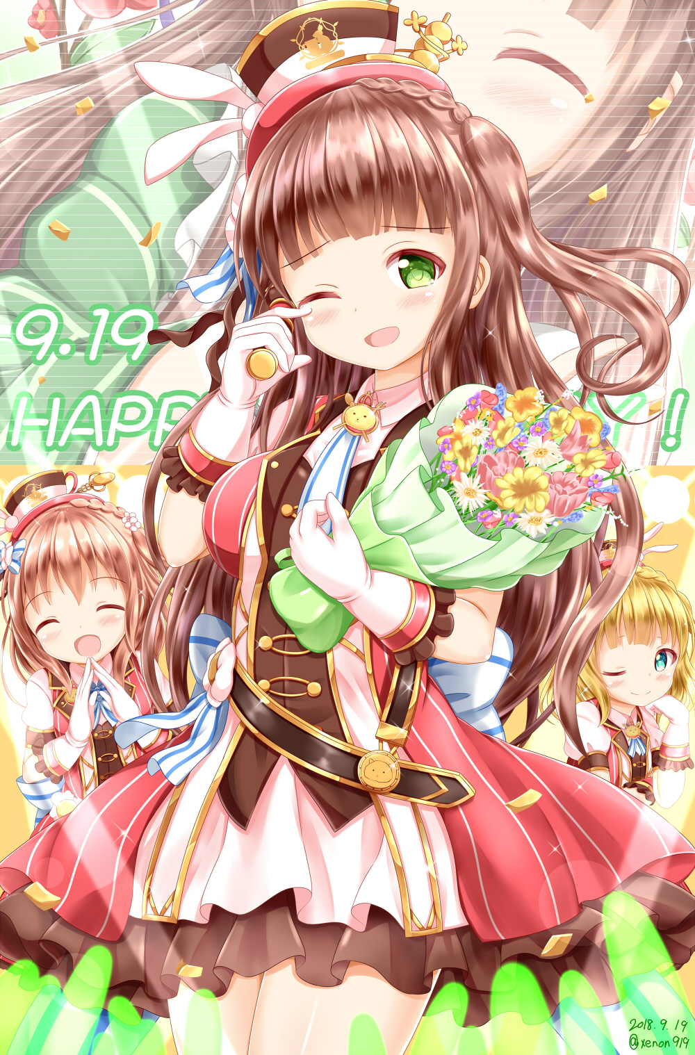 3girls :d ;) ;d ^_^ ama_usa_an_uniform blonde_hair blue_flower blush bouquet bow braid breasts brown_hair closed_eyes closed_eyes closed_mouth collared_dress commentary_request dated dress flower gloves gochuumon_wa_usagi_desu_ka? green_eyes green_kimono hair_bow hair_flower hair_ornament happy_birthday hat highres holding holding_bouquet hoto_cocoa japanese_clothes kimono kirima_sharo light_brown_hair long_hair medium_breasts mini_hat multiple_girls one_eye_closed open_mouth pink_flower pleated_dress puffy_short_sleeves puffy_sleeves purple_flower red_flower red_vest short_sleeves smile sparkle striped striped_bow twitter_username ujimatsu_chiya uniform very_long_hair vest white_dress white_flower white_gloves yellow_flower zenon_(for_achieve)