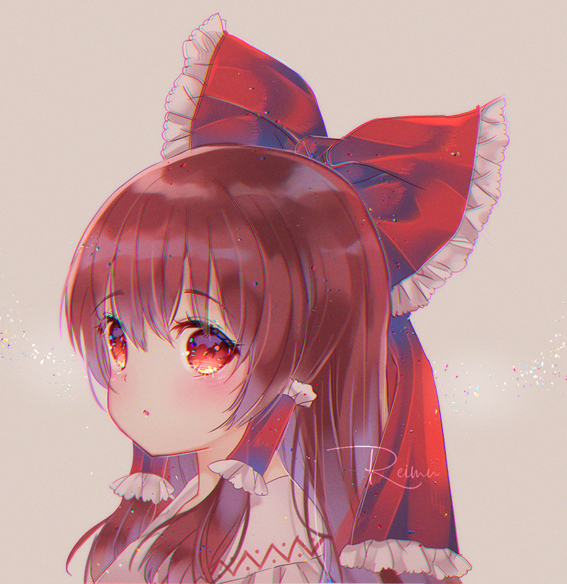 1girl bangs blush bow brown_background brown_hair character_name commentary eyebrows_visible_through_hair frilled_bow frills hair_between_eyes hair_bow hair_tubes hakurei_reimu long_hair looking_at_viewer looking_to_the_side natsumii_chan parted_lips portrait red_bow red_eyes sidelocks solo touhou