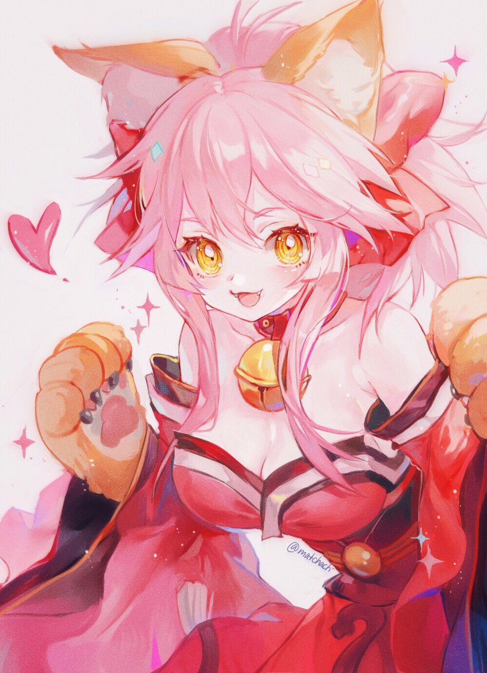 1girl animal_ears bangs bare_shoulders bell bell_collar blush breasts cat_paws claws cleavage collar collarbone detached_sleeves fangs fate/grand_order fate_(series) fox_ears fox_girl fox_tail gloves hair_between_eyes hair_ribbon hands_up heart highres japanese_clothes jingle_bell kimono leaning_forward looking_at_viewer maccha_(mochancc) medium_breasts obi off_shoulder open_mouth paw_gloves paw_pose paws pink_hair ponytail red_collar red_kimono red_ribbon ribbon sash sidelocks simple_background smile solo sparkle star strapless tail tamamo_(fate)_(all) tamamo_cat_(fate) twitter_username wide_sleeves yellow_eyes