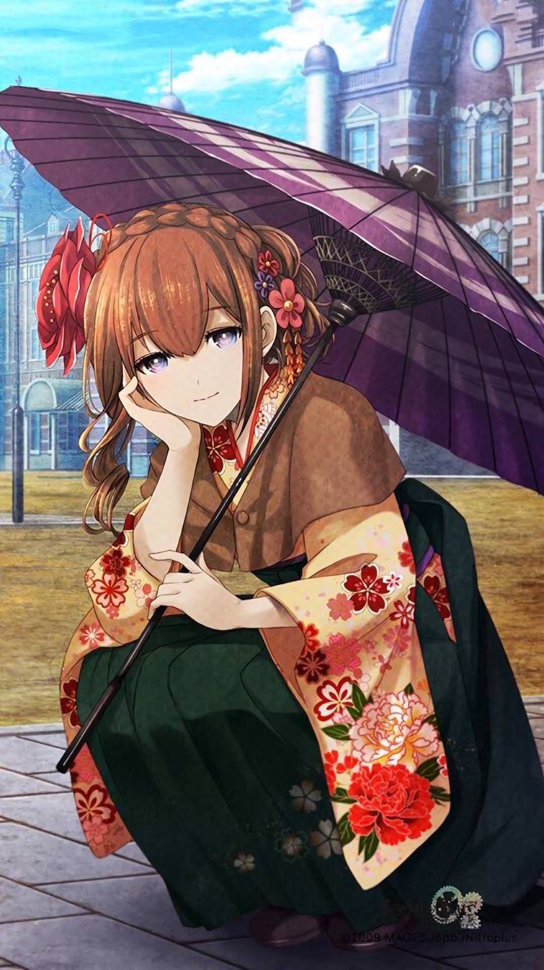 1girl alternate_costume alternate_hairstyle blue_eyes braid building capelet clouds cloudy_sky copyright_name floral_print flower full_body hair_flower hair_ornament hand_on_own_cheek highres huke japanese_clothes kimono looking_at_viewer makise_kurisu official_art parasol shoes short_hair sky smile solo squatting steins;gate umbrella watermark