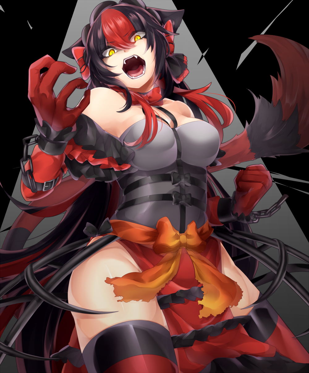 1girl bare_shoulders black_background black_hair black_legwear bow breasts broken broken_chain broken_handcuffs chain chains cleavage clenched_hand creatures_(company) fangs game_freak gen_7_pokemon gloves hair_bow highres incineroar large_breasts long_hair looking_at_viewer multicolored_hair nintendo orange_bow personification pokemon red_bow red_gloves red_legwear redhead roaring shikkoku_neko solo standing thigh-highs two-tone_hair very_long_hair yellow_eyes