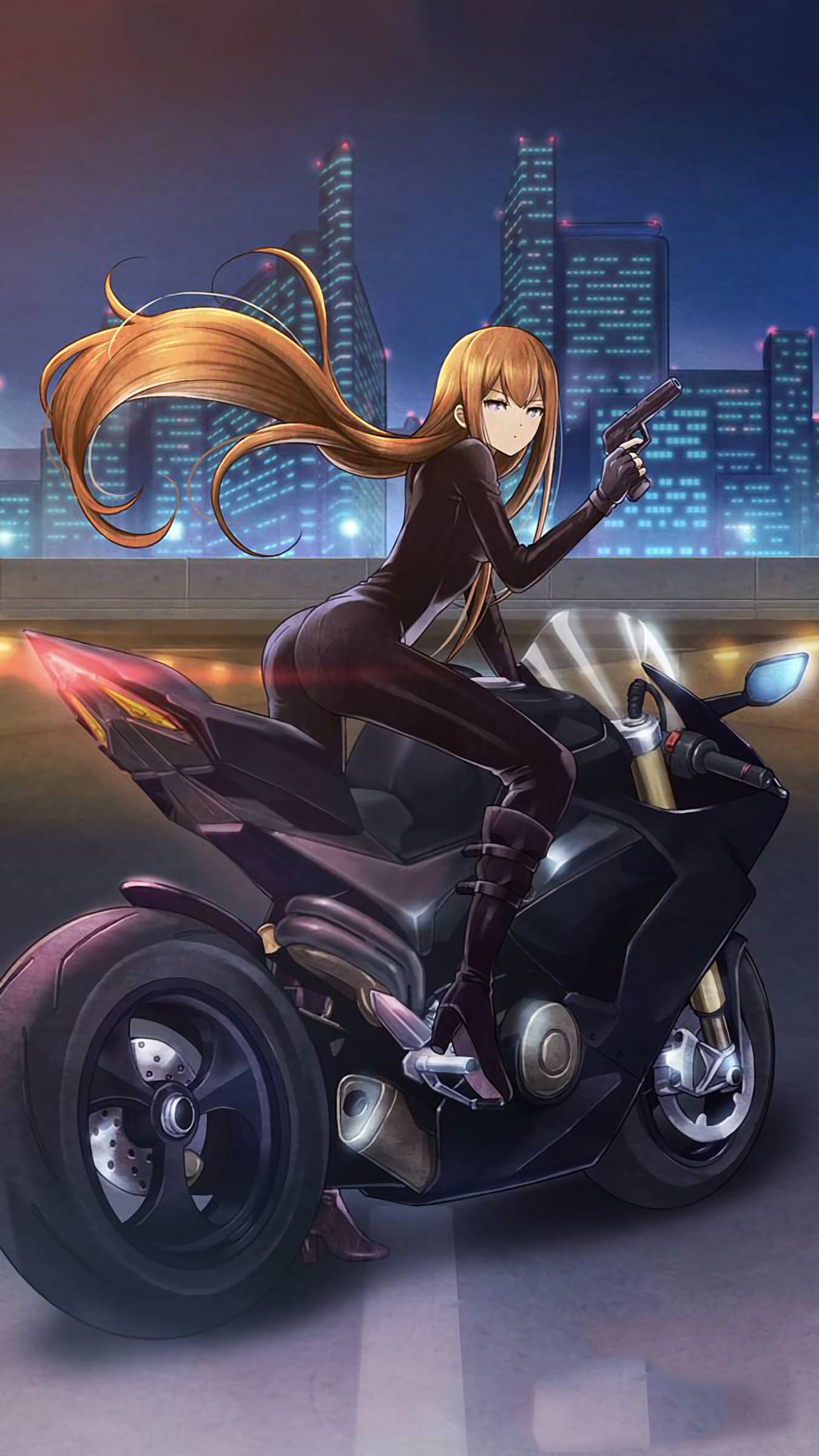 1girl absurdres ass biker_clothes bikesuit black_footwear black_gloves bodysuit boots brown_hair city fingerless_gloves gloves grey_eyes ground_vehicle gun handgun high_heel_boots high_heels highres huke long_hair looking_at_viewer makise_kurisu motor_vehicle motorcycle night night_sky official_art pistol sky solo steins;gate weapon wind