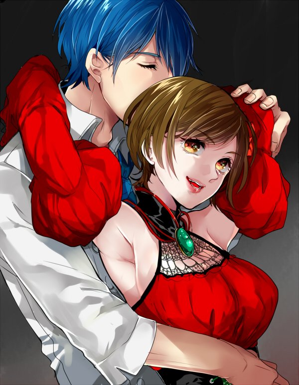 1boy 1girl adam's_apple akujiki_musume_conchita_(vocaloid) armpits arms_around_neck arms_around_waist arms_up ascot banica_conchita bare_shoulders blue_hair blue_neckwear breasts brown_eyes brown_hair carlos_marlon chef_uniform choker closed_eyes couple detached_sleeves dress drug_of_gold_(vocaloid) evillious_nendaiki eyebrows_visible_through_hair eyelashes flower hair_flower hair_ornament head_kiss hetero hug hug_from_behind itoko_(i_t_k) jewelry kaito large_breasts lips looking_up meiko nail red_dress rose short_hair smile vocaloid