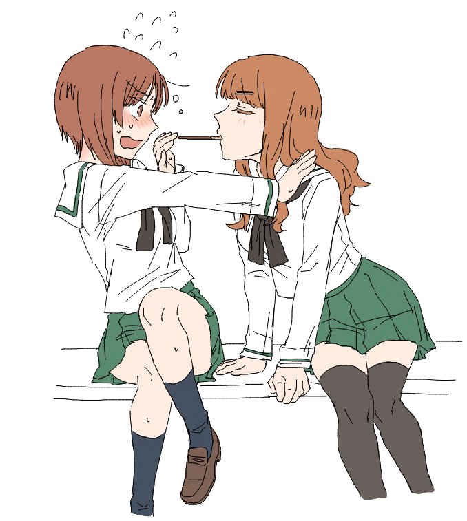 2girls arm_support bangs black_legwear black_neckwear blouse blue_legwear blunt_bangs blush brown_eyes brown_footwear brown_hair closed_eyes closed_mouth commentary commentary_request embarrassed eyebrows_visible_through_hair female flying_sweatdrops food frown girls_und_panzer green_skirt hand_on_another's_shoulder leaning_back leaning_forward loafers long_hair long_sleeves looking_at_another miniskirt multiple_girls neckerchief nishizumi_miho ooarai_school_uniform open_mouth orange_hair pleated_skirt pocky pocky_kiss pushing school_uniform serafuku serious shared_food shoes short_hair shy sitting skirt socks sweatdrop takebe_saori thigh-highs torinone white_blouse yuri