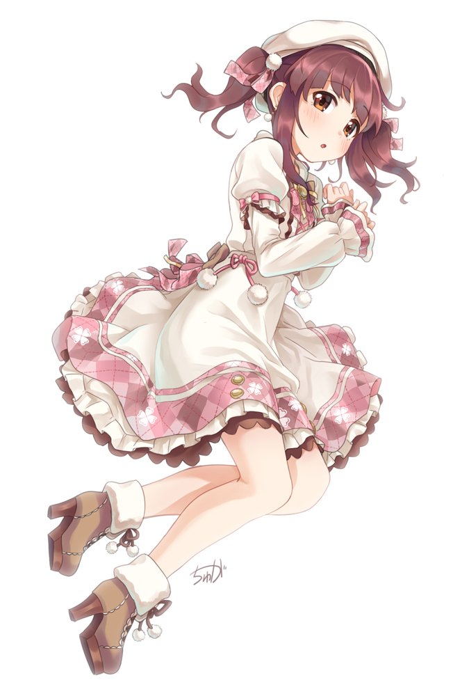 1girl :o argyle beret blush boots bow bowtie brooch brown_eyes brown_hair clover clover_print commentary_request dress eyebrows_visible_through_hair frilled_dress frills full_body fur_trim hair_ribbon hat high_heel_boots high_heels idolmaster idolmaster_cinderella_girls idolmaster_cinderella_girls_starlight_stage jewelry long_hair long_sleeves ogata_chieri open_mouth pink_ribbon pom_pom_(clothes) ribbon signature simple_background sleeves_past_wrists solo twintails tyuga white_background