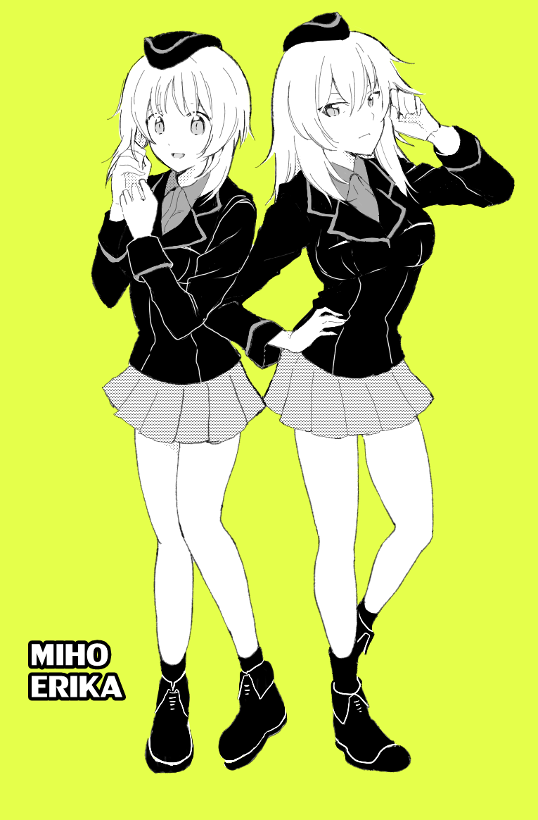 2girls ankle_boots bangs boots character_name closed_mouth commentary dress_shirt frown full_body garrison_cap girls_und_panzer greyscale halftone hand_in_hair hand_on_hip hat itsumi_erika jacket kuromorimine_military_uniform long_hair long_sleeves looking_at_viewer military military_hat military_uniform miniskirt moekichi monochrome multiple_girls nishizumi_miho partially_colored pleated_skirt shirt short_hair simple_background skirt smile socks standing standing_on_one_leg uniform