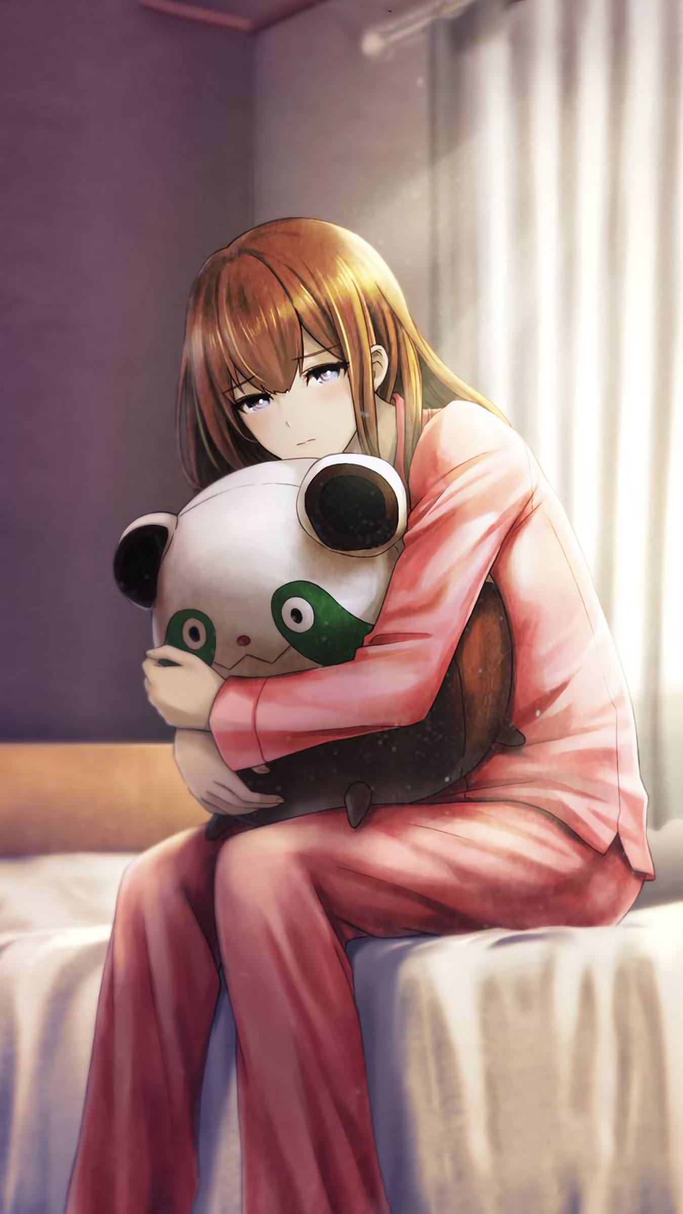 1girl absurdres blush brown_hair curtains cushion eyebrows_visible_through_hair grey_eyes highres huke long_hair looking_at_viewer makise_kurisu object_hug official_art on_bed pajamas pants shirt sitting sitting_on_bed solo steins;gate straight_hair sunlight upa_(steins;gate)